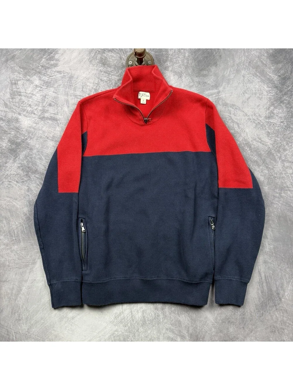 J Crew Ski Sweater Mens S Navy Red Cotton Milano-Stitch Half Zip Retro
